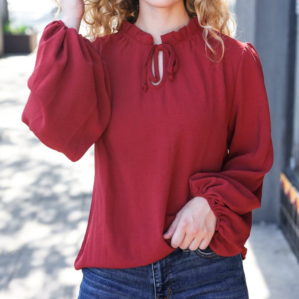 Burgundy Frilled Edge V Neck Tie Top